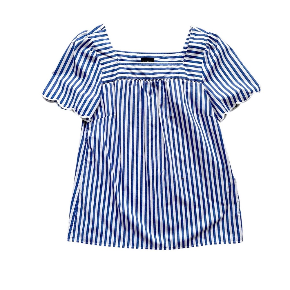 Talbots Striped Top Women S Blue White Scallop Sleeve Square Neck Preppy Blouse